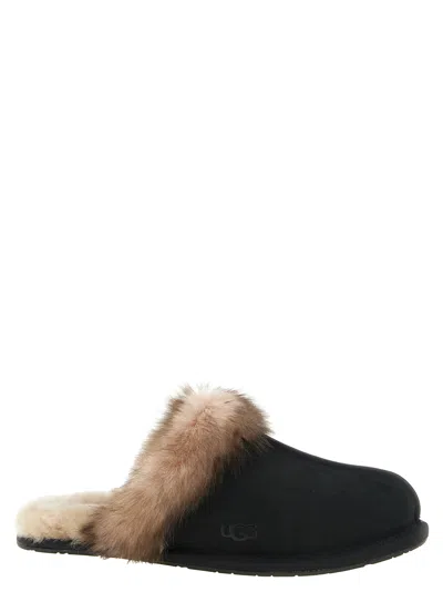 Ugg Leather Fur-lined Round-toe Flat Mules In Black