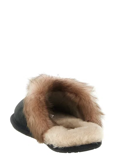Ugg Leather Fur-lined Round-toe Flat Mules In Black