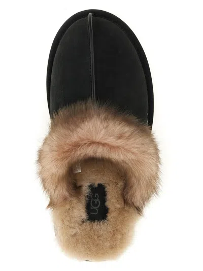 Ugg Leather Fur-lined Round-toe Flat Mules In Black