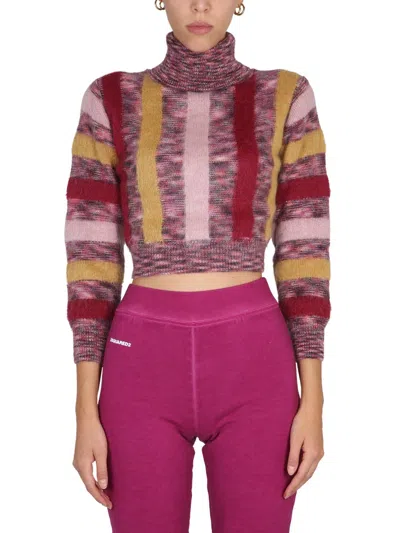 Dsquared2 Short Ribbed Turtleneck Top With Long Sleeves In Multicolour