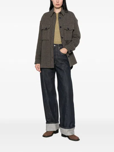 Closed Houndstooth-pattern Button-up Jacket In Green