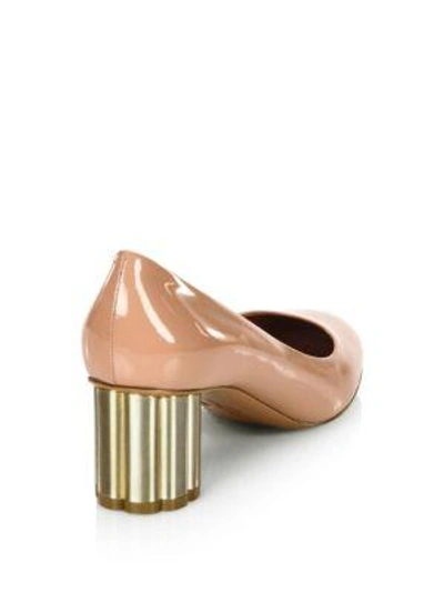 Shop Ferragamo Lucca Patent Leather Flower Heel Pumps In Blush