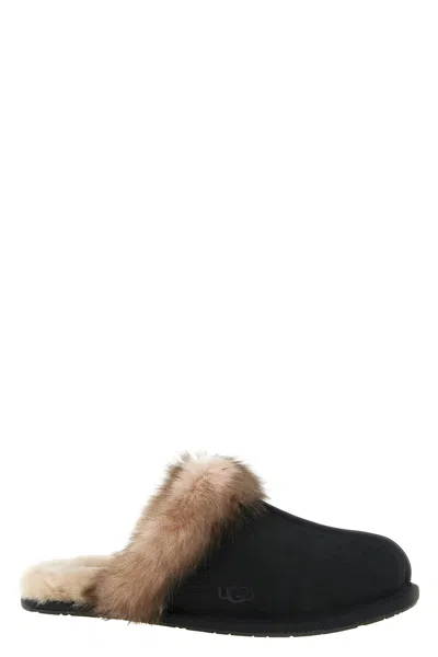 Ugg Leather Fur-lined Round-toe Flat Mules In Black