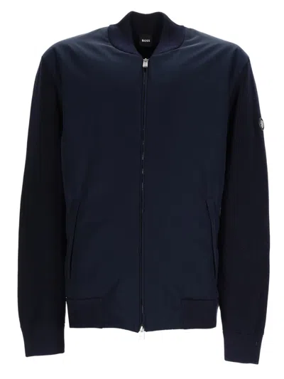 Hugo Boss Navy Blue Solid Mock Collar Jacket In Yellow