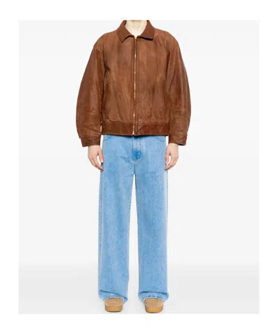 Visvim Front Zipper Leather Jacket In Brown