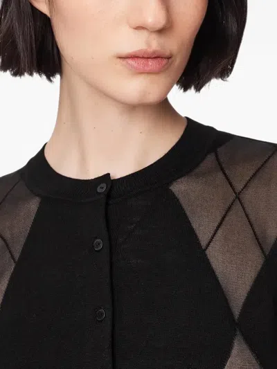 Allsaints Argyle-pattern Mesh-panel Cardigan In Black