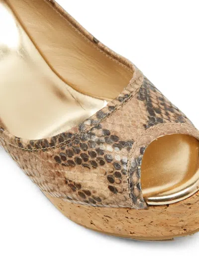 Pre-owned Jimmy Choo Python-embossed Wedge Pumps In Neutrals