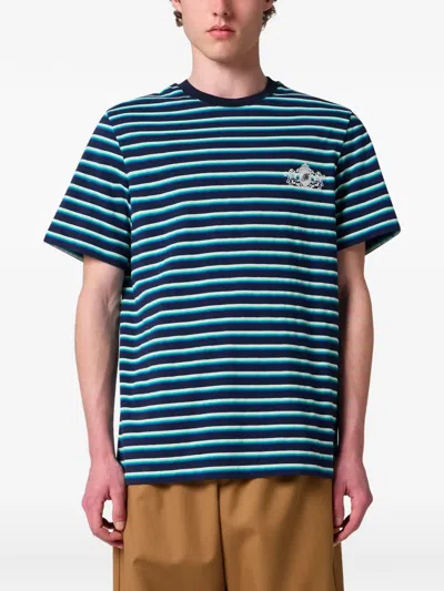 Msgm Striped Crest-patch T-shirt In Blue