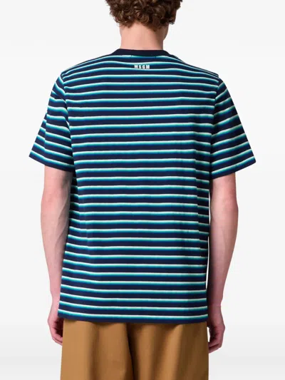 Msgm Striped Crest-patch T-shirt In Blue