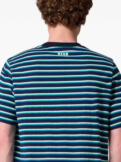 Msgm Striped Crest-patch T-shirt In Blue