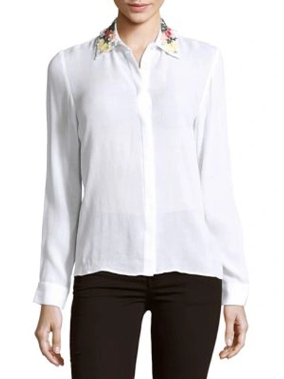Alice And Olivia Saira Embroidered-collar Solid Shirt In Off White