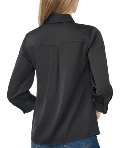 Cece Button Front Satin Shirt In Black