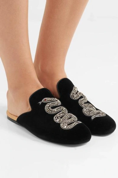 Shop Gucci Crystal-embellished Velvet Slippers In Black
