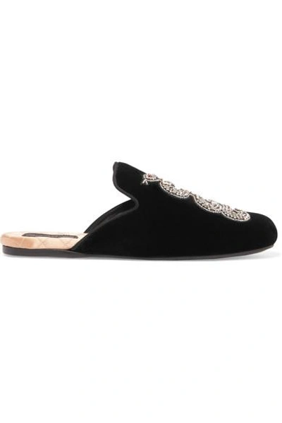 Shop Gucci Crystal-embellished Velvet Slippers In Black