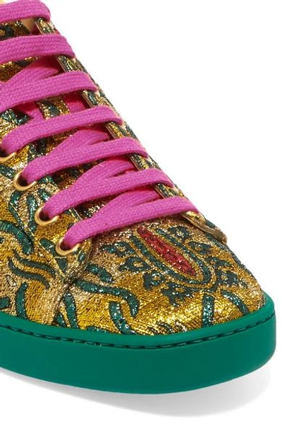 Shop Gucci Ace Metallic Leather-trimmed Brocade Sneakers In Green