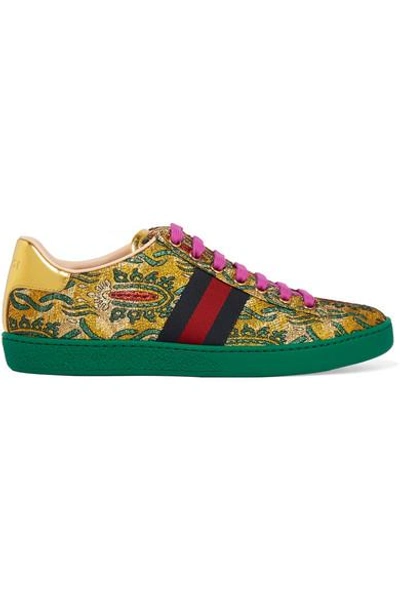 Shop Gucci Ace Metallic Leather-trimmed Brocade Sneakers In Green