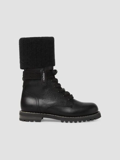 Fendi Commando Mohair-cuff Leather Boots In Nero