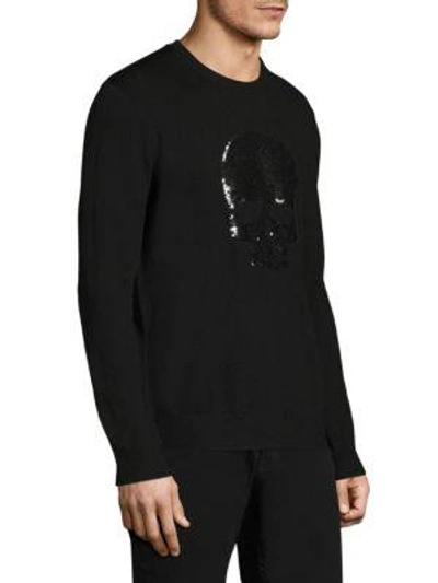 Shop Markus Lupfer Sequin Skull Printed Merino Wool Sweater In Black