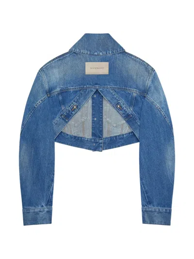 Givenchy Cropped Opened Back Jacket In Medium Blue Denim In Blue