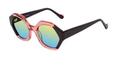 Yesglasses Ruby/maroon Geek-chic Round Geometric Gradient Sunglasses In Ruby,maroon,yellow,blue