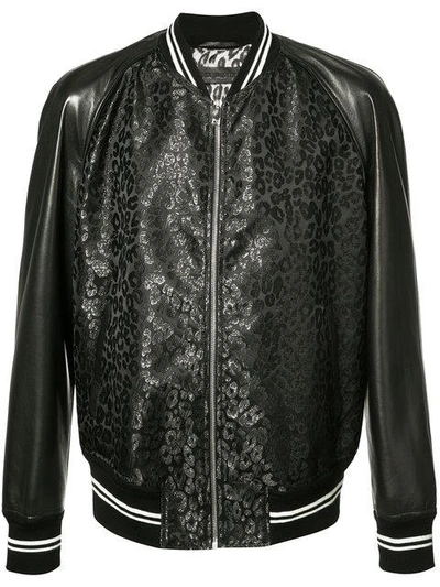 Alexander Mcqueen Leopard-print Jacquard Varsity Jacket With Leather Sleeves, Metallic Black In Shiny Copper