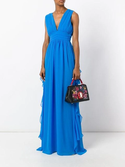 Shop Msgm V-neck Frilled Gown In Blue