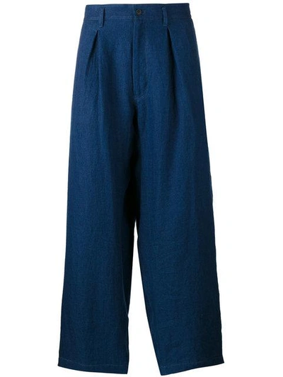 Shop Yohji Yamamoto Cropped Tuck Pants - Blue