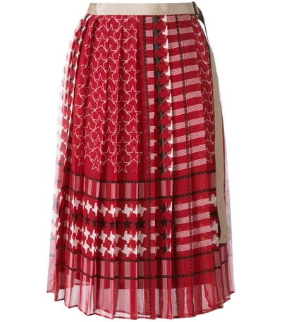 Shop Sacai Red Scarf Print Pleated Skirt