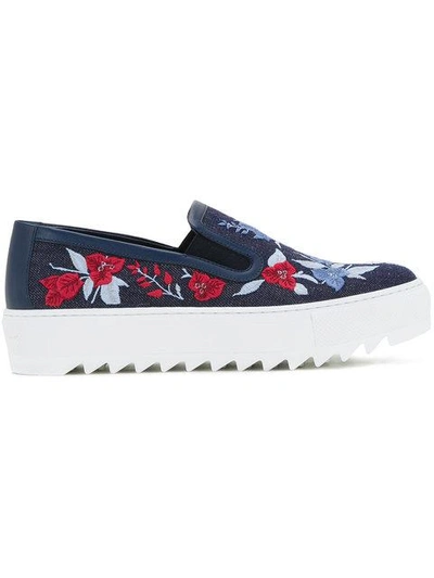 Shop Ferragamo Embroidered Denim Slip-on Sneakers