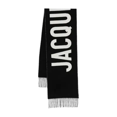 Jacquemus Black Bold White Lettering Twisted Fringe Scarf In Transparent