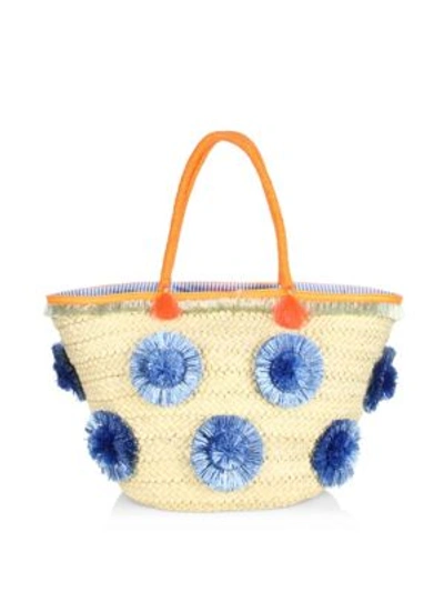 Milly Small Pom-pom Straw Tote In Natural-blue
