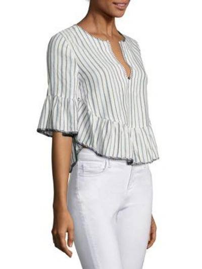 Shop Bcbgmaxazria Striped Ruffled Bell Sleeves Cropped Top In White Combo