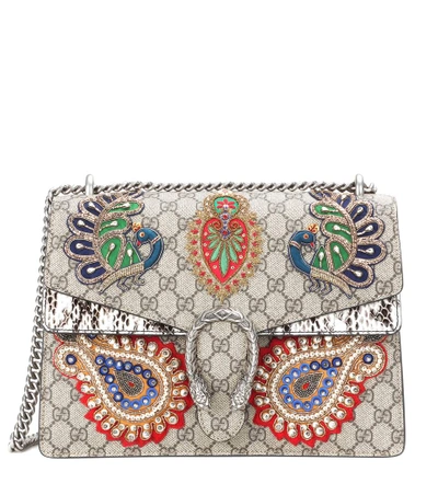 Shop Gucci Dionysus Gg Supreme Embroidered Coated Canvas Shoulder Bag In Multicoloured