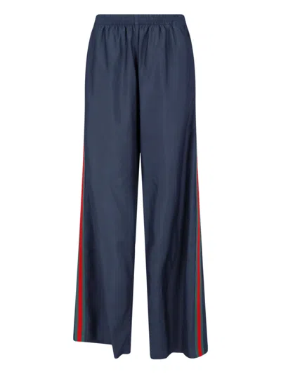Gucci Technical Silk Poplin Pants With Web In Blue