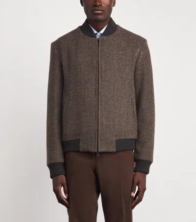 Corneliani Wool Herringbone Bomber Jacket In Brown