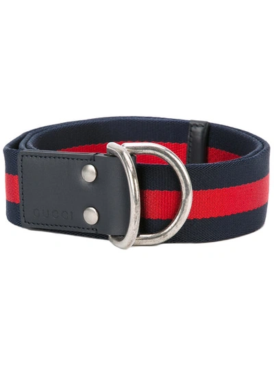 Gucci D-ring Striped Canvas Belt In Blue