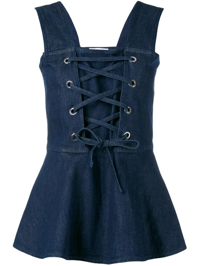 See By Chloé Lace-up Denim Peplum Top In Blue