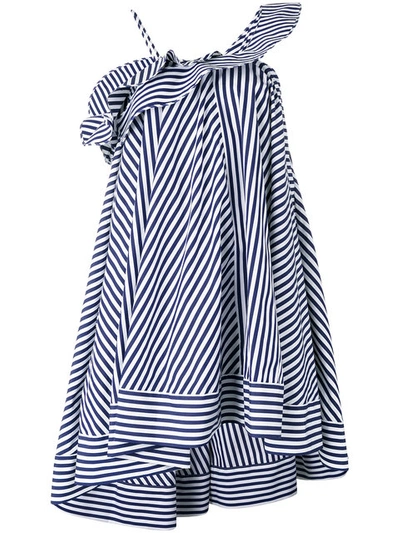 Msgm One-shoulder Ruffled Striped Cotton Mini Dress In Navy/white