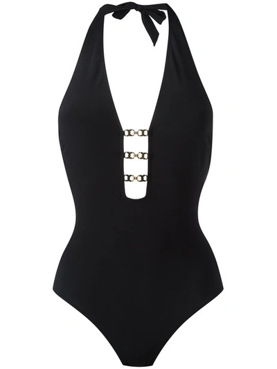 Tory Burch Gemini Embellished Halterneck Swimsuit In Black