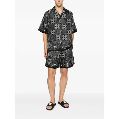 Amiri Silk Bowling Shirt With Cuban Collar And All-over Geometric Print In Gray