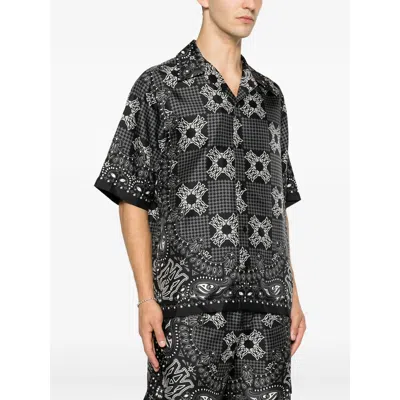 Amiri Silk Bowling Shirt With Cuban Collar And All-over Geometric Print In Gray