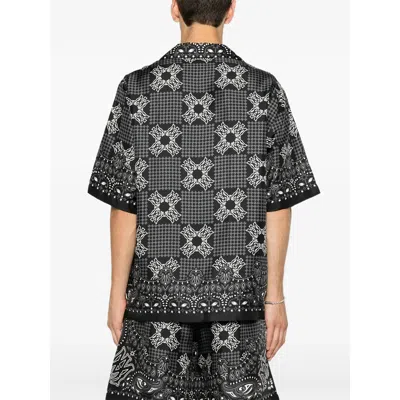 Amiri Silk Bowling Shirt With Cuban Collar And All-over Geometric Print In Gray