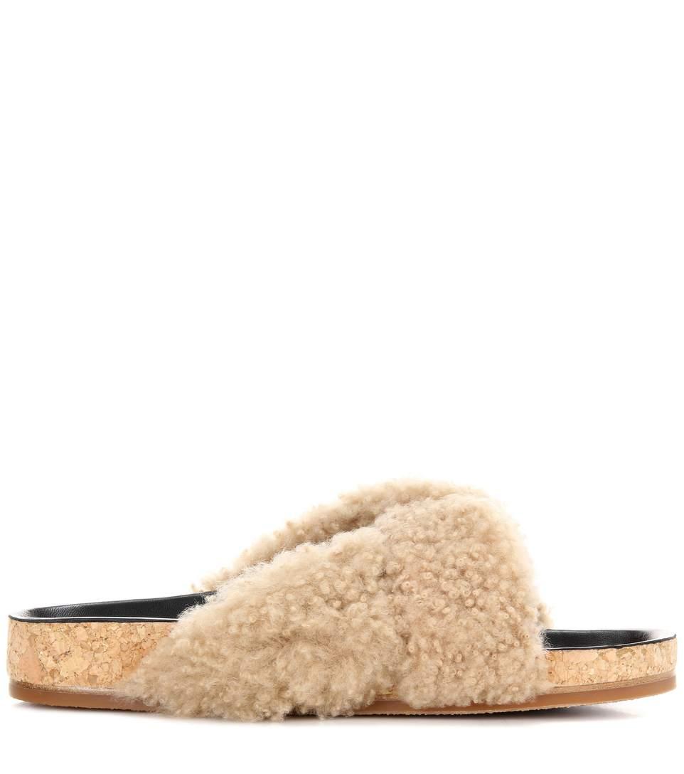 Chloé Shearling Slip-on Sandals In Fawe | ModeSens