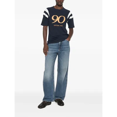 System Logo-print Striped-sleeve T-shirt In Blue
