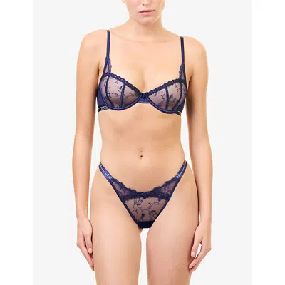 Lounge Womens Reveal Logo Lace Balcony Bra Navy 32dd In Blue