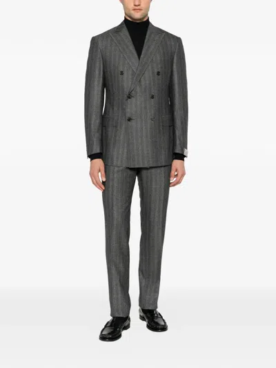 Corneliani Herringbone Double-breasted Suit In Gray