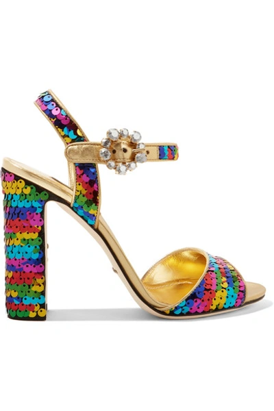 Dolce & Gabbana Woman Crystal-embellished Sequined Metallic Leather Sandals Multicolor