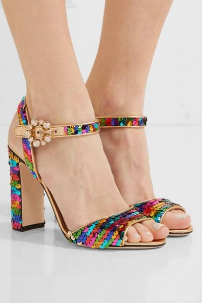 Shop Dolce & Gabbana Crystal-embellished Sequined Metallic Leather Sandals