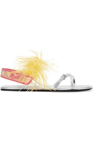 Prada Feather-embellished Metallic Leather Sandals In Silver