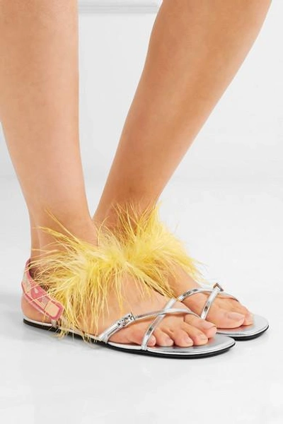 Shop Prada Feather-embellished Metallic Leather Sandals In Silver